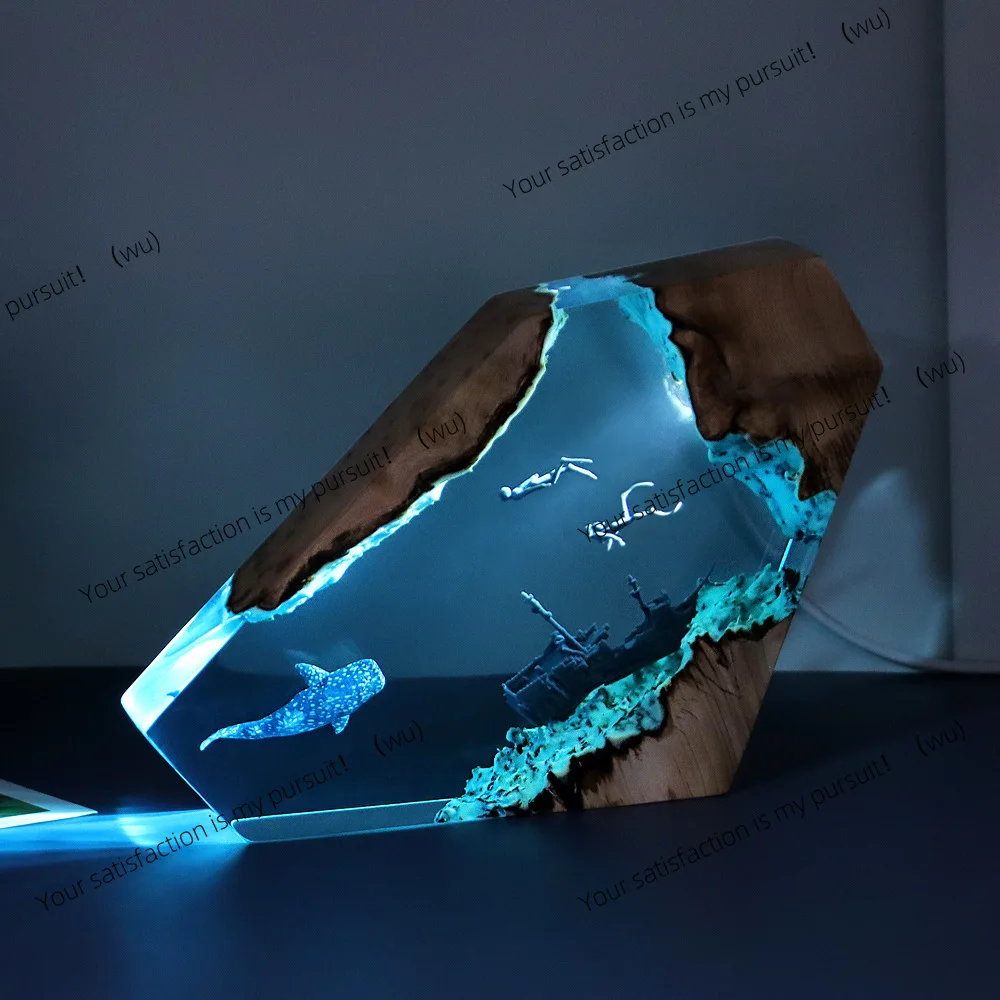 Office Desktop Creative Ocean Art Home Accessories Ornament Gift Wreck Humpback Whale Solid Wood Resin Light