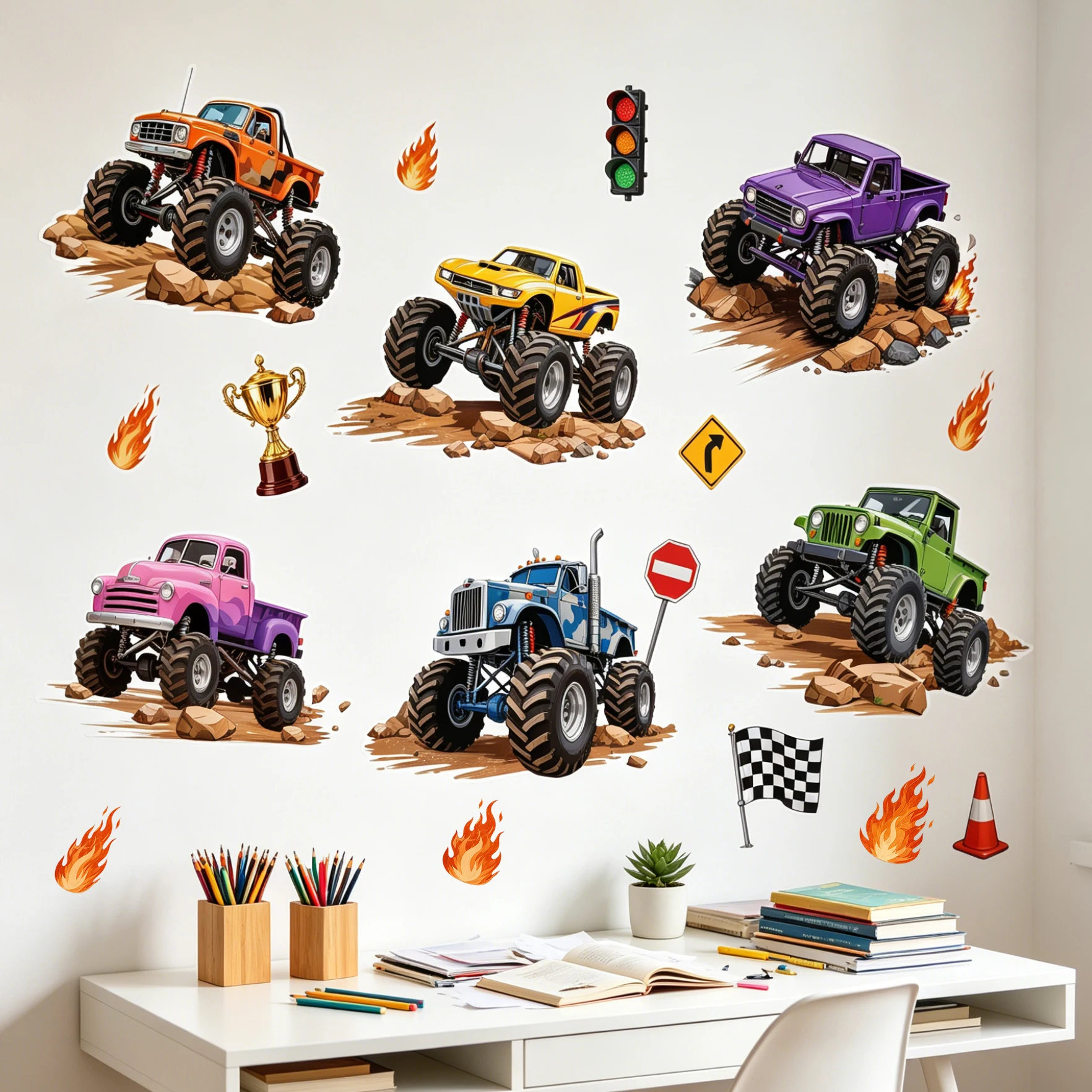 Colorful Monster Truck Set Wall Stickers Cartoon Offroad Vehicle Flame Trophy Traffic Sign Wall Decals Removable Boys Playroom D
