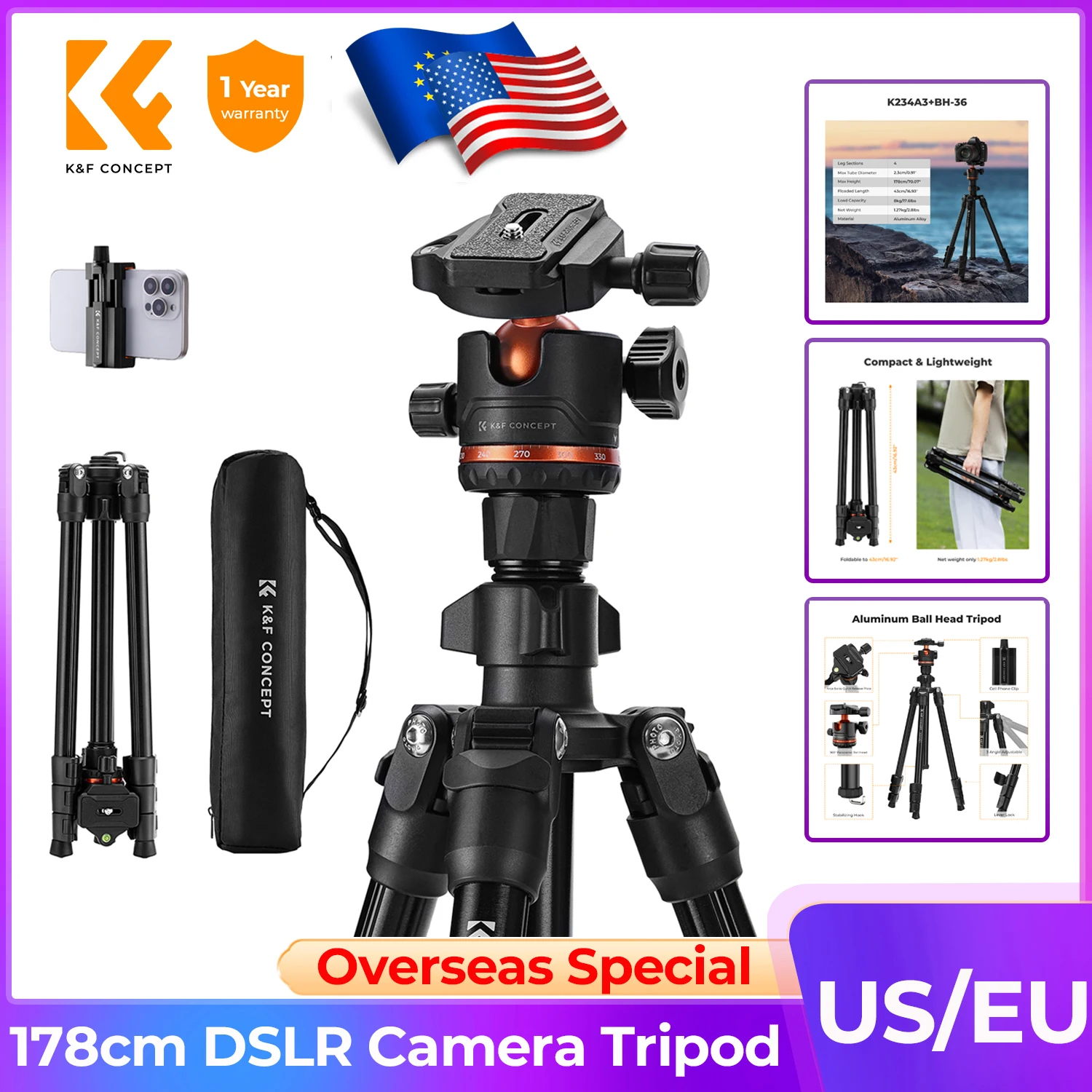 K&F Concept 178cm Lightweight Camera Tripod for Nikon Canon Camera Outdoor Live Streaming Vlog Cellphone Clip Travel DSLR Tripod