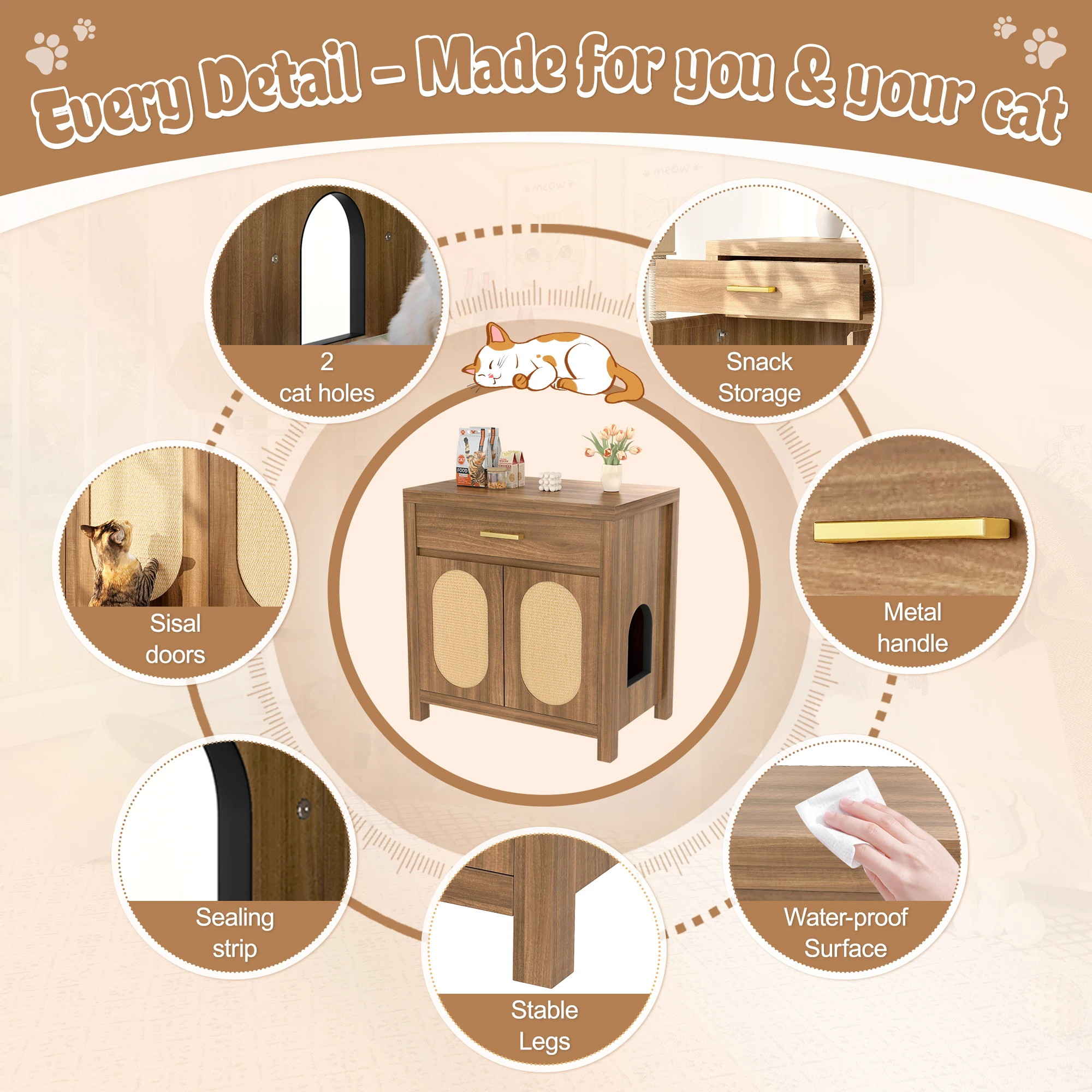 Hidden Cat Litter Box Furniture with Scratching Board Doors and Storage Drawer for Living Room Multi Functional Cat Condo