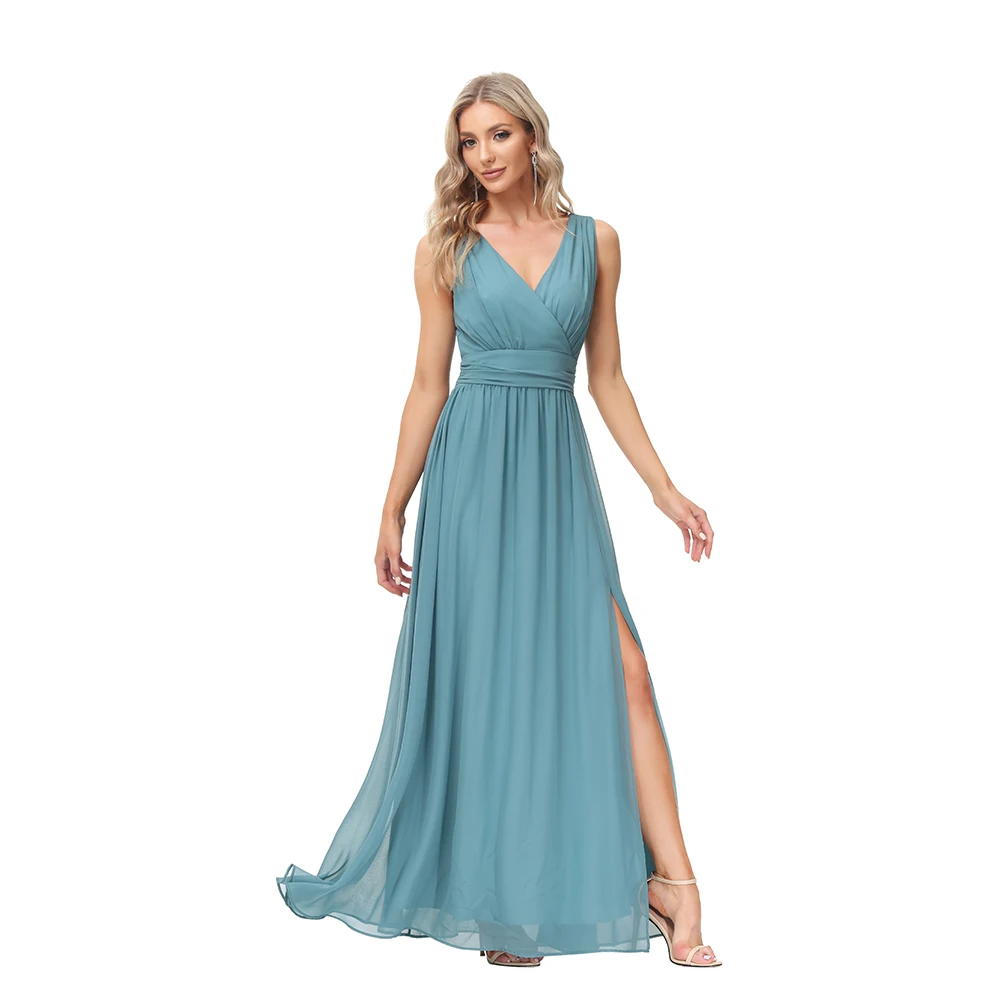 Women Chiffon Long Party Dress V-neck Sleeveless Evening Dress A-line Side Split Robe De Soriee Formal Floor-length Prom Gowns