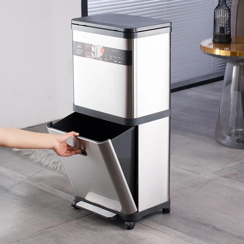 Stainless Steel Kitchen Trash Bin, Elegant Double Layer Garbage Can, Foot Pedal Design, Easy Waste Sorting