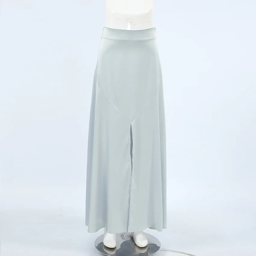 2026 エレガントグレーサテンスカート レディースファッション ミッドウエスト スリット入り 無地スカート カジュアル ルーズ マキシスカート ストリートウェア 女性用スカート