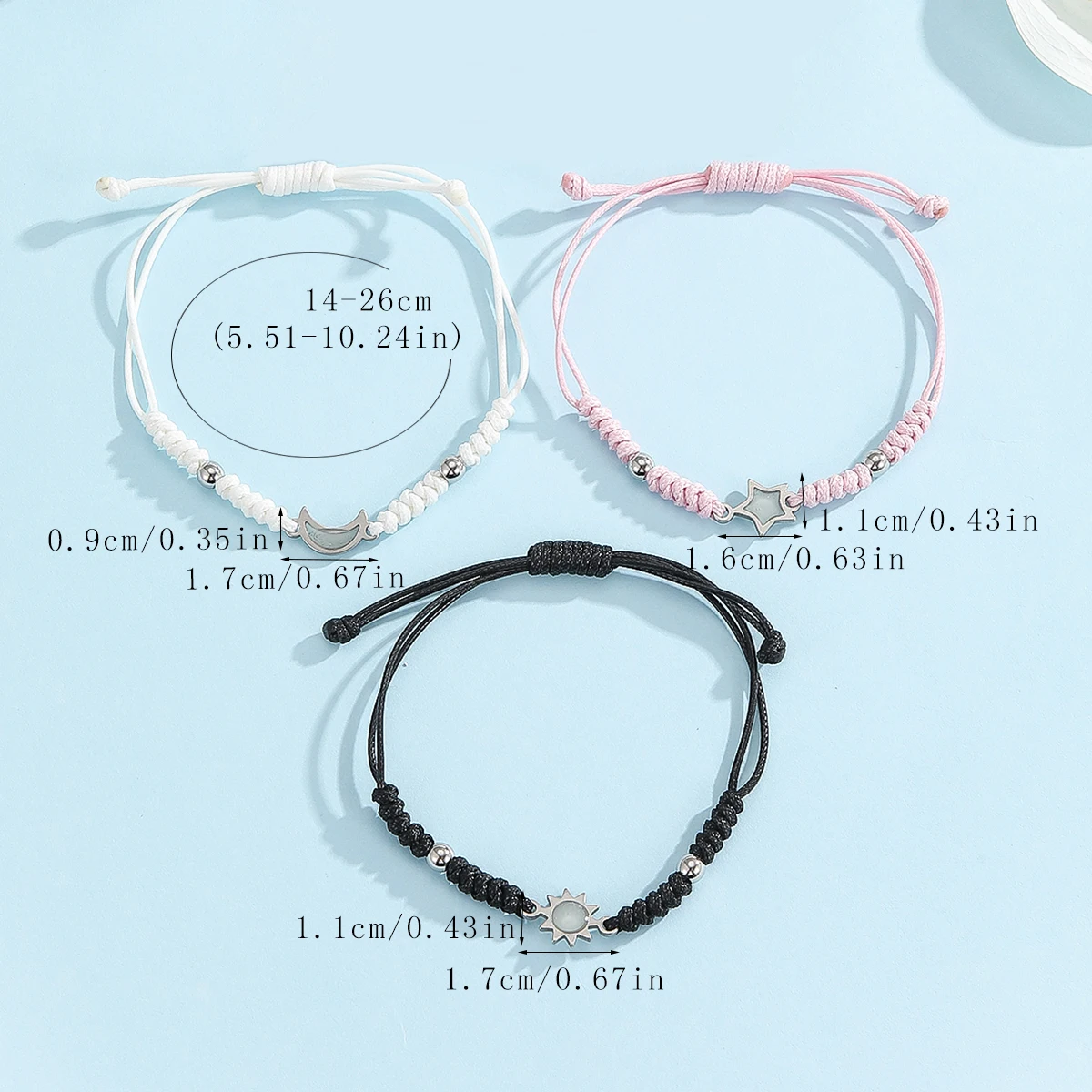 3 قطع/مجموعة من إكسسوارات الكرة الفولاذية المقاومة للصدأ المضيئة للشمس والقمر والنجوم، حبل عصري منسوج يدويًا