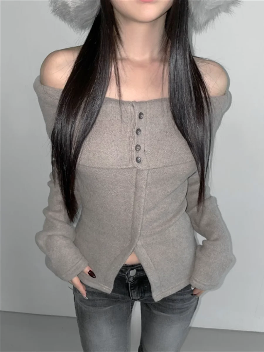 섹시하고 독특한 SEI 니트 롱 슬리브 오프숄더 버튼업 겨울 상의 한국 스타일 출퇴근 패션 레귤러 핏 싱글...