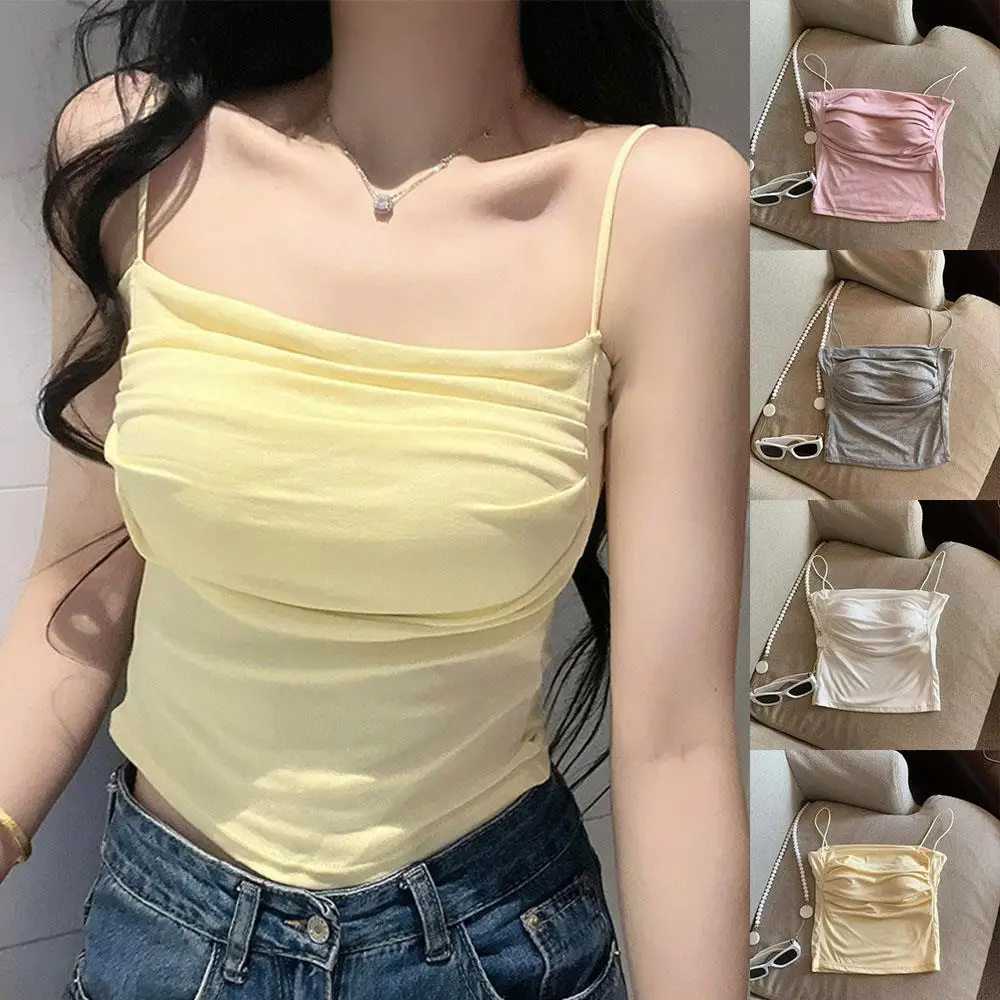 Letnie kamizelki Tank Topy damskie z wbudowanym biustonoszem Spaghetti Strap Tube Top Casual Woman Clothing Solid Color Cropped Top