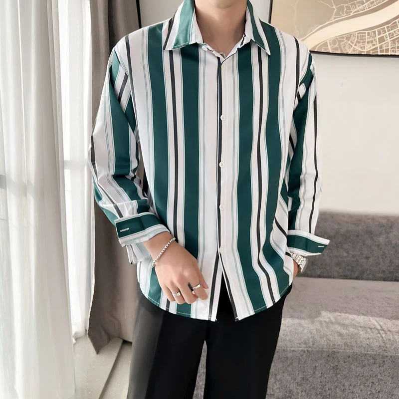 Summer Fall Striped Print Men Long Sleeve Blouse Loose Fashion Smart Casual Thin Oversized Clothing Shirt Top Office Black Green