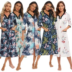 Autumn Women Home Clothes Printin Zip Front Robe Coat With Pockets V Neck Half Sleeve Long Maternity Night Wear Women Bathrobe