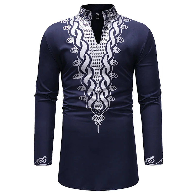 Camisa de longitud media para hombre, ropa musulmana, cuello de pie, estampado dorado, Oriente Medio, Dubai, Arabia Saudita, Islam, negro