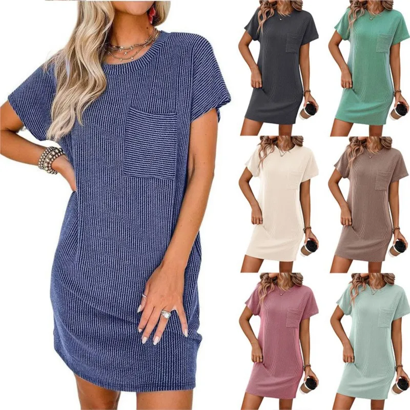 

2024 New Explosive Women's Summer Casual Color Clash Twisted Strip Short Sleeve Pocket Dress Simple Large Multi Color Loose