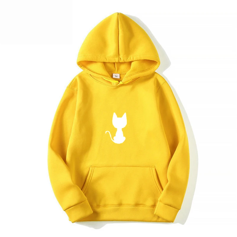 Mens Yellow hooded Streetwear Cute CAT Printed Pullover Tops Outdoor Sport Sweatshirts Male Casual Sweatshirts