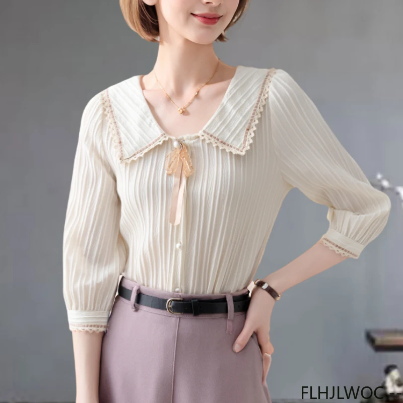 

Lace Peter Pan Collar Tops Blouses New Design 2025 Summer Women Cute Sweet Girls Solid Bow Tie Top Retro Vintage Button Shirts