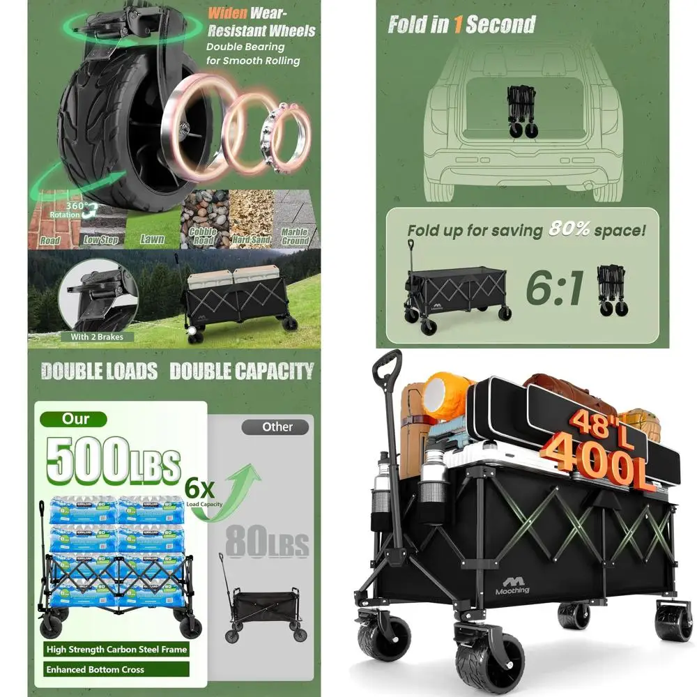 

Heavy-Duty Collapsible Folding Wagon, 320L Large Capacity, All-Terrain Big Wheels for Beach, Camping, Grocery, Garden Use