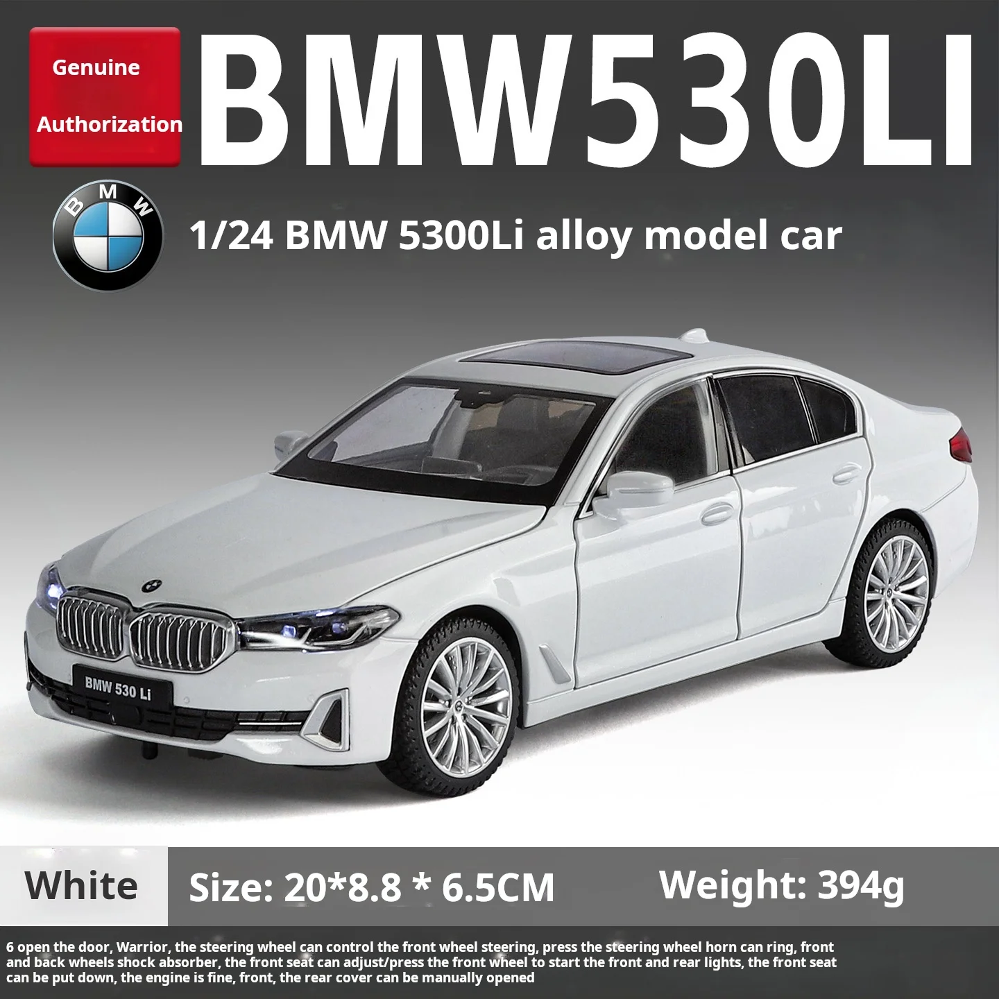 1/24 schaal, officieel geautoriseerd BMW 530, gegoten metalen modelauto, klassiek, met geluid en licht, terugtrekmotor, kindercadeau, verzamelobject.