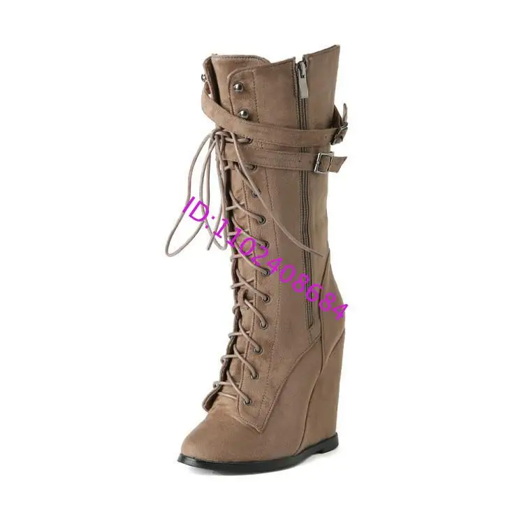 

Design Women Size Zipper Tan Color High Wedge Knee High Boots Pointed Toe Belts Buckles Knee High Lace Up Wedge Boots Plus Size