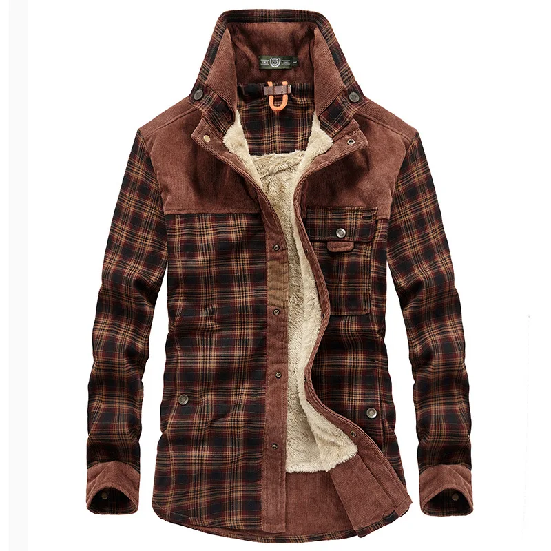 Autumn Winter Fleece Lined Plaid Lapel Shirt Men's Cotton Plus Size Thick Warm
