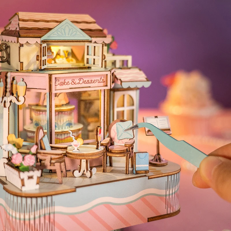 Fai da te torta in legno negozio di dolci carillon puzzle 3D i kit di modelli in miniatura possono spostare il puzzle per i bambini regali di natale decorazione della casa