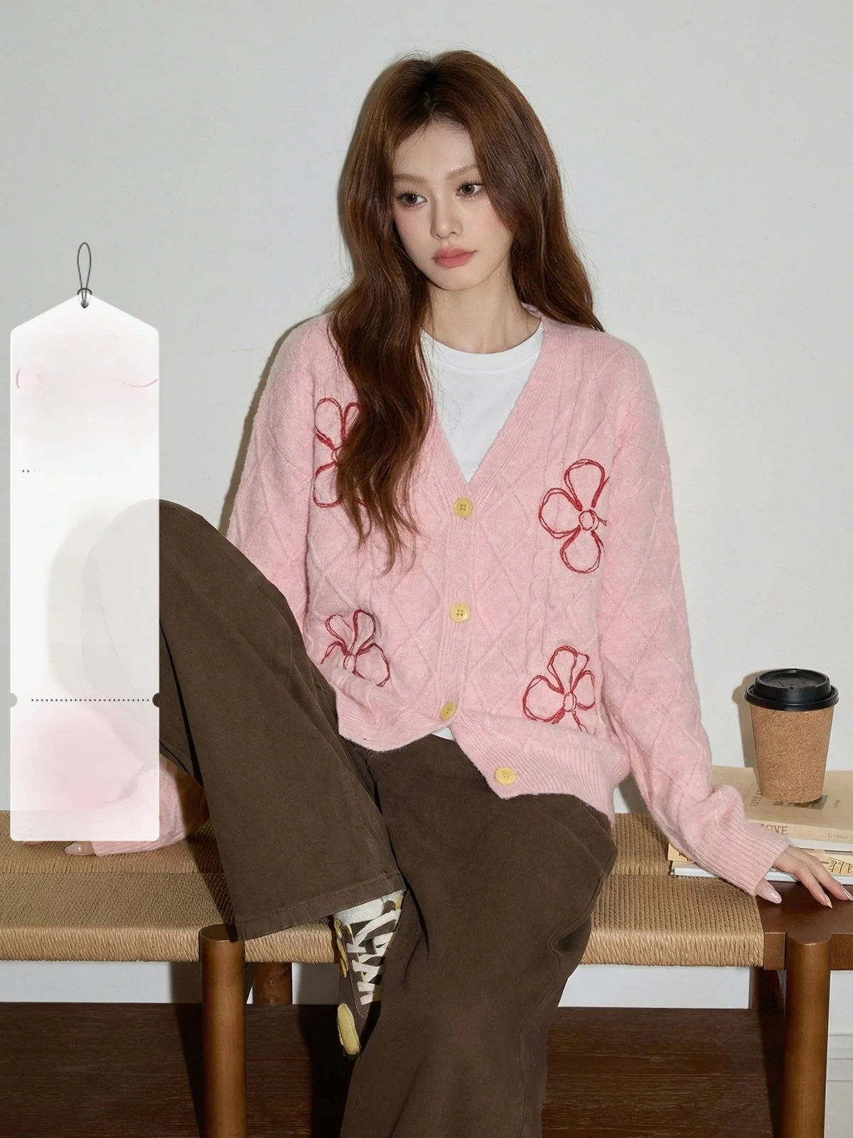 

PINK DOPNE K-Sle вязаный свитер, женское свободное пальто с v-образным вырезом, новый зимний топ Lazy Sle, мягкое длинное пальто с цветочным принтом