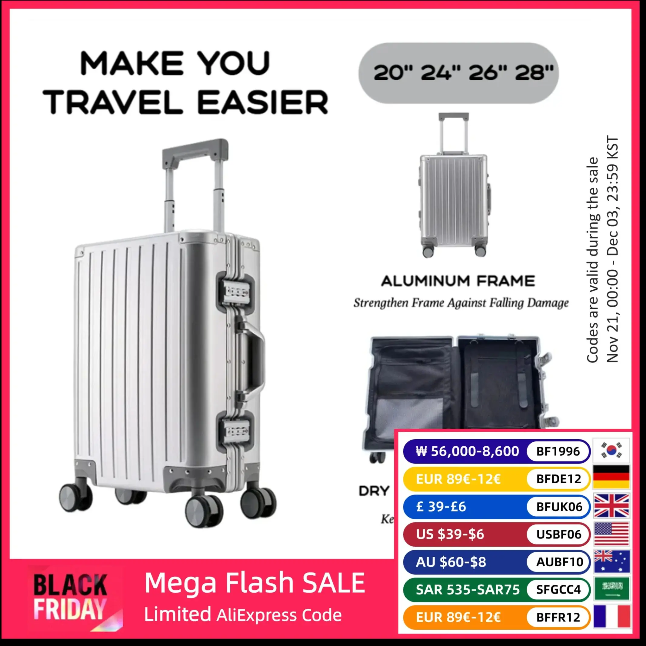 Large Capacity Durable Luggage for Men and Women, Aluminum, Carry-On, Boarding, Travel, New, 20, 24, 26, 28