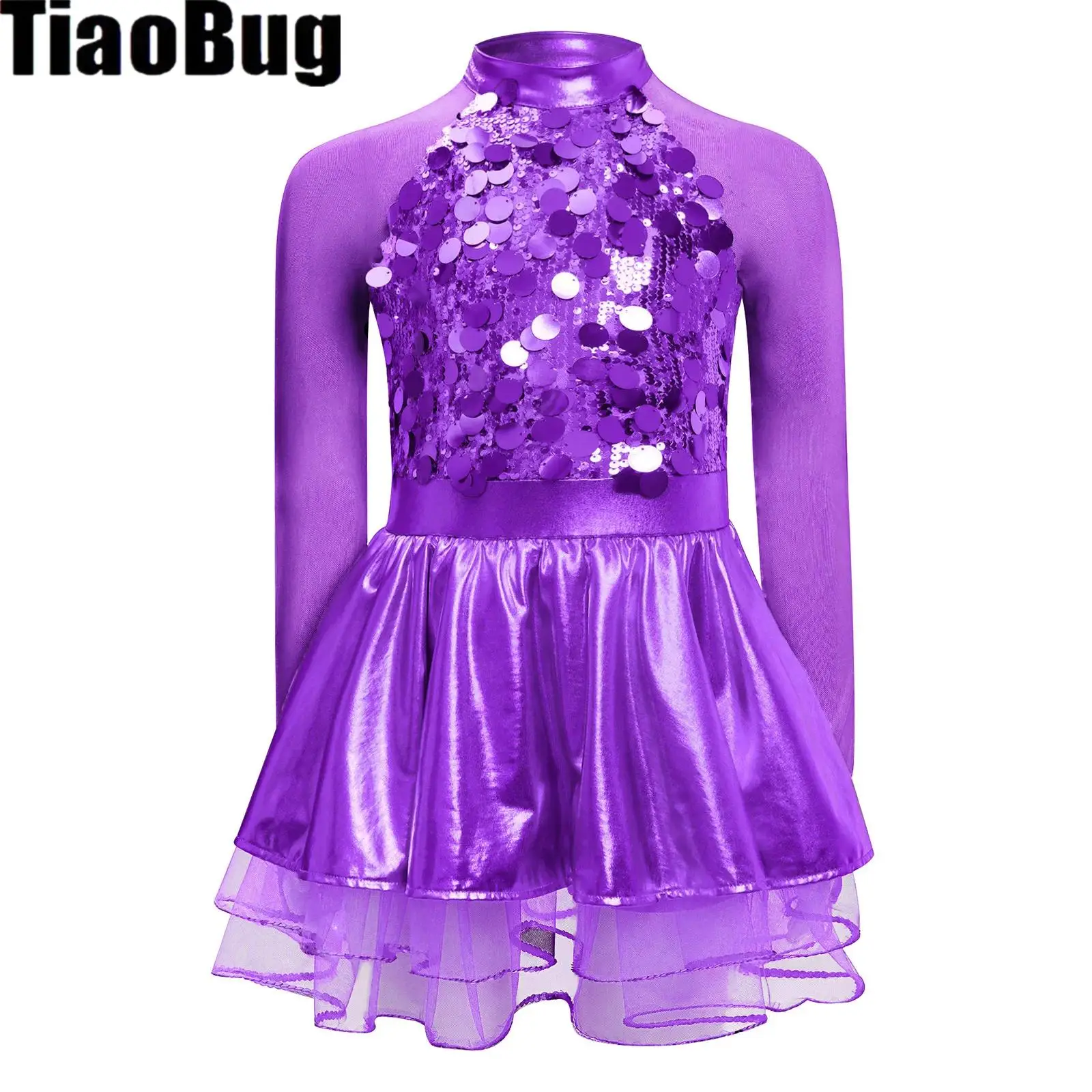 Sukienki baletowe jazzowe z cekinami i metalicznym efektem dla dziewcząt, z długim rękawem, z przezroczystej siateczki, nowoczesne stroje do łyżwiarstwa i gimnastyki.