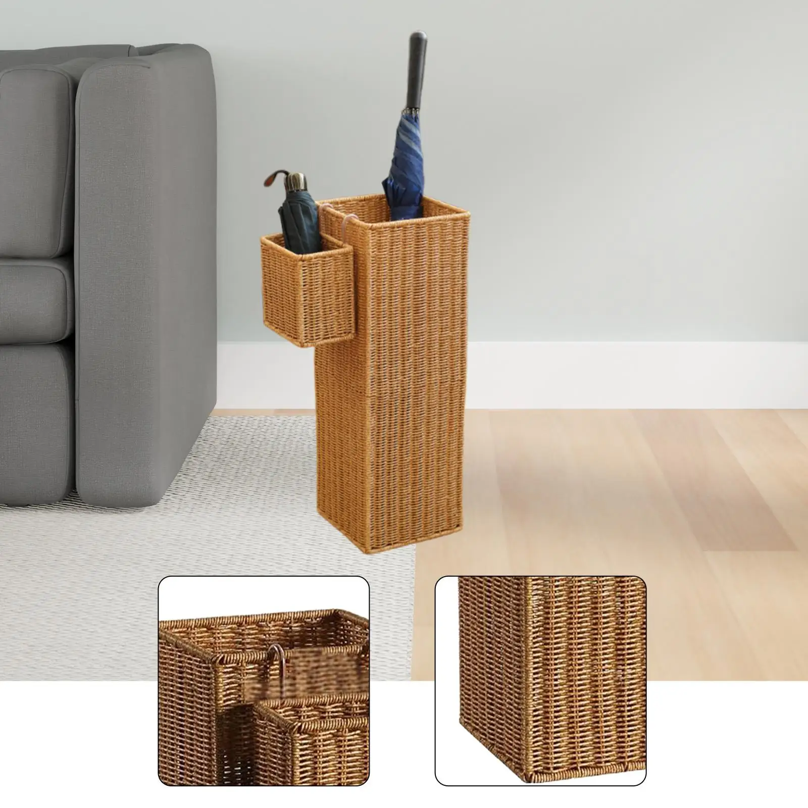 Square Rattan PE Umbrella Stand Floor Storage Bin Entryway Organizer Rack for Home Office Walking Stick Laundry
