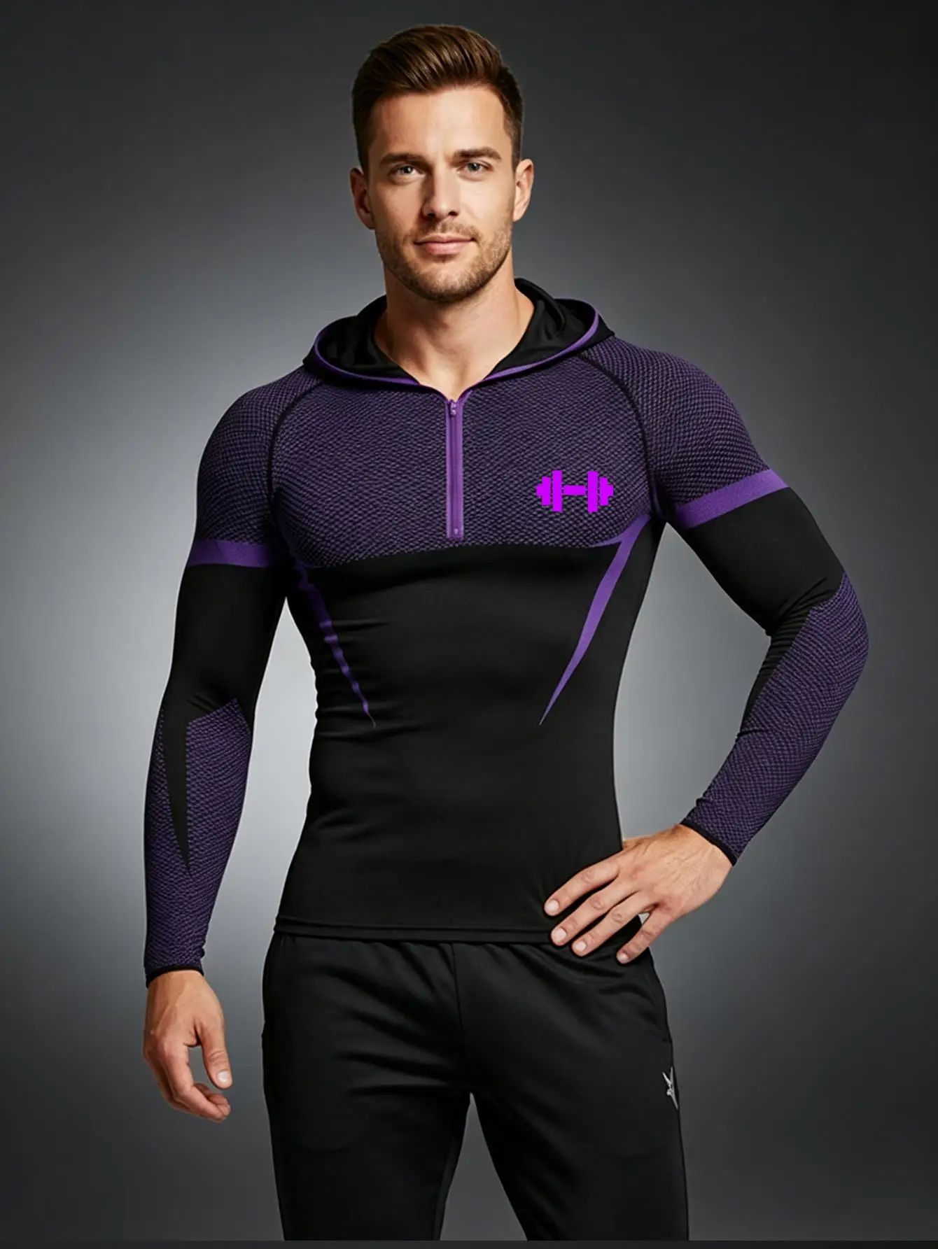 Mens Sport Long Sleeve Hoodie Slim Fit Breathable Quick Dry Knitted Elastic T-shirt Gym Bodybuilding Fitness Hooded Shirts