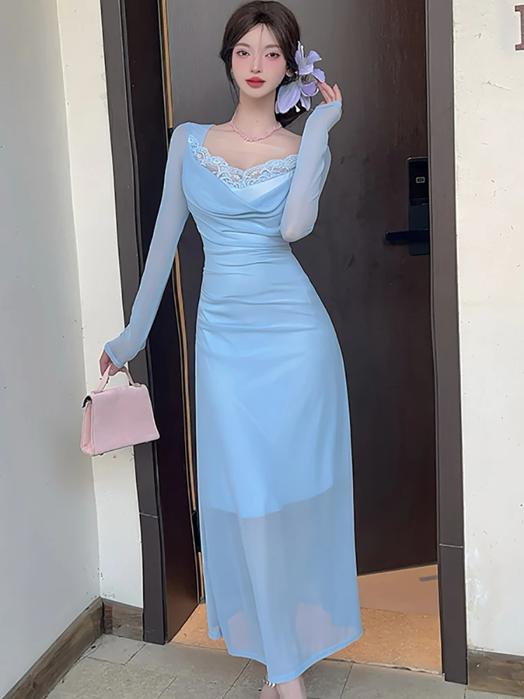 

Women Blue Mesh Patchwork Lace Square Collar Long Dress Summer Elegant Casual Dress with Long Sleeve 2025 Korean Bodycon Dresses