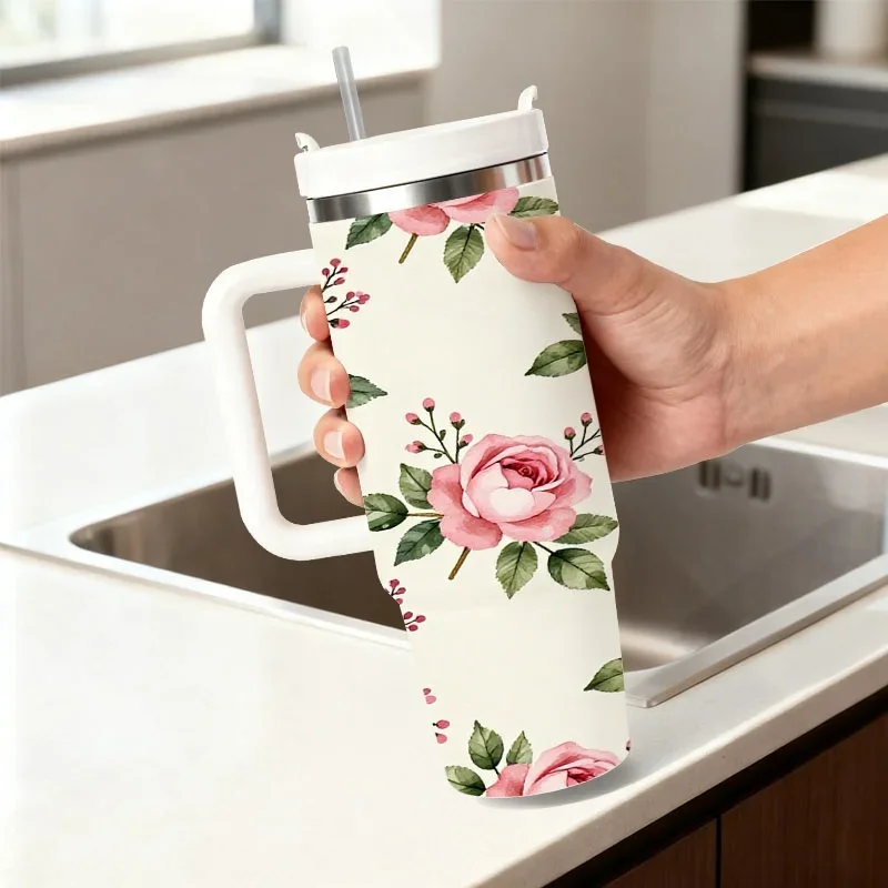 Seamless Delicate Pink Rose Floral Print 40Oz Stainless Steel Insulated Tumbler, Digitally Printed Romantic Light Cream Background Design, Reusable Thermal Drink Cup for Everyday Use, Office Commute And Outdoor Picnics
