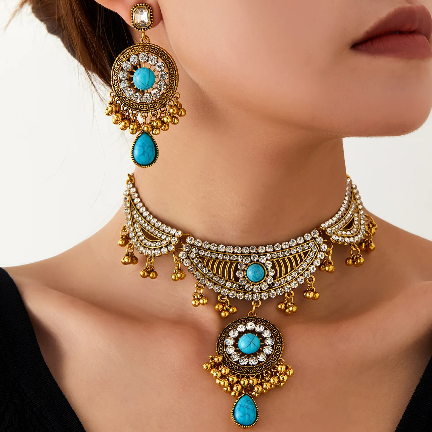 المجوهرات الهندية الرجعية البوهيمي العرقية نمط الفيروز اكسسوارات أنيقة المرأة قلادة أقراط طقم مجوهرات لهدية الحفلات #1