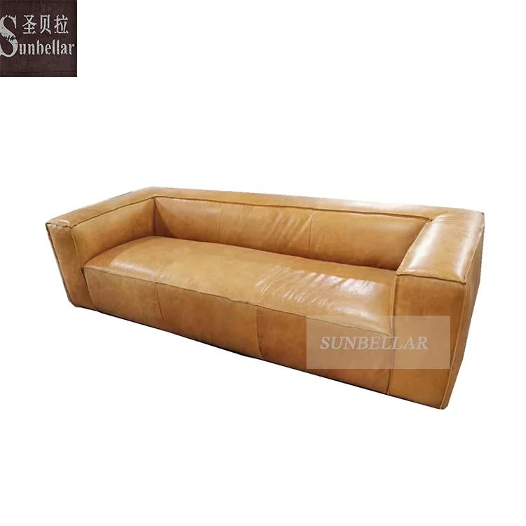 European style vintage tan leather sofa retro leather lounge couch living room brown genuine leather sofa hotel clubs villa