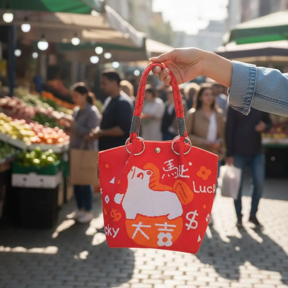 

Fashion 2026 Horse Year New Year Gift Bag Cartoon Large Capacity Bucket Bag Chinese Style Cute Tote Bag Work Commuting