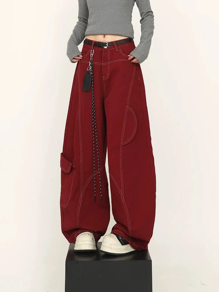 

Women's Large Pocket Loose Wide Leg Red Jeans Personalized Trousers Cool Girl Casual Bottoms Female Curved Denim Pants