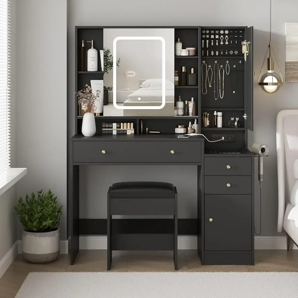 

3-Drawer Vanity Desk w/ Mirror &Lights,Makeup Table w/ Cabinets,Charging Station & Sliding Door,Lots Storage Shelves,Black/White