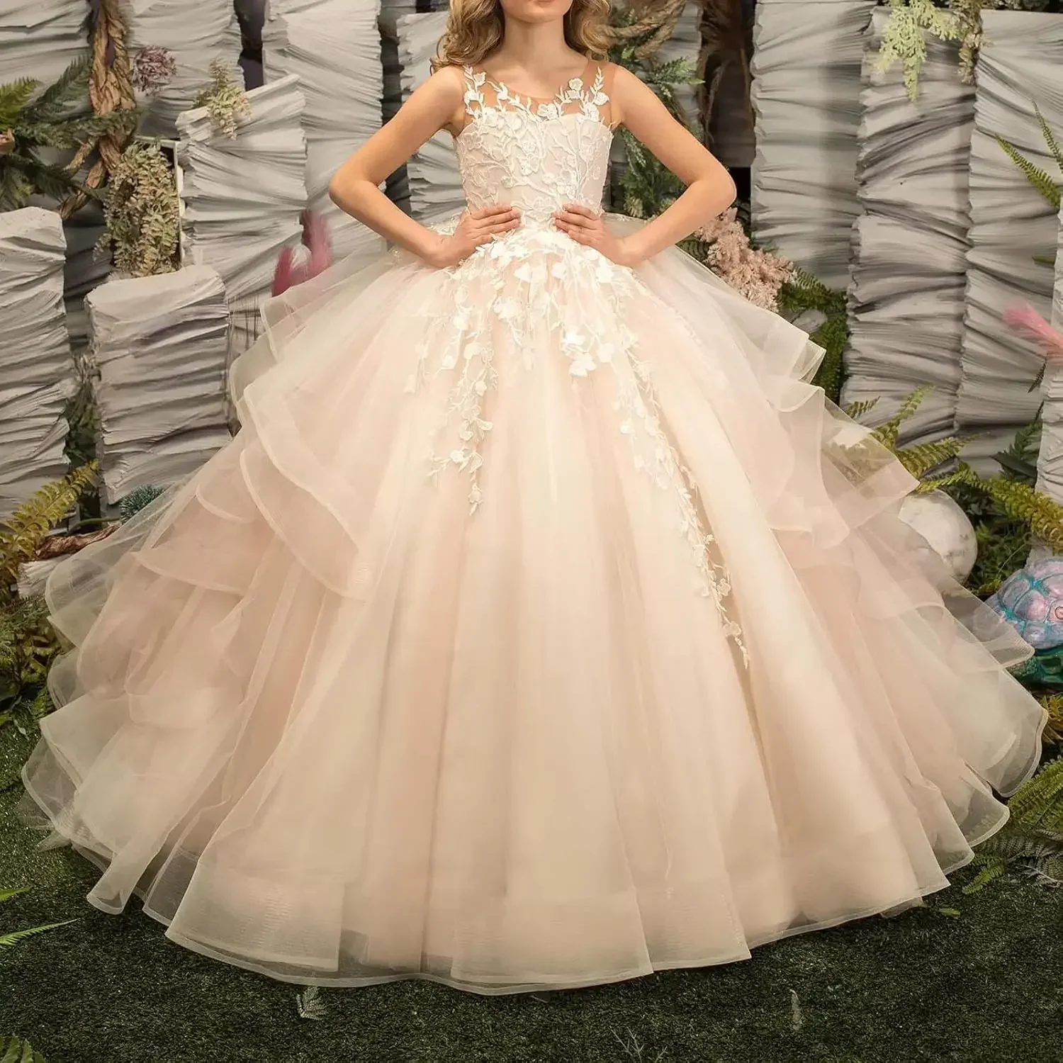 Tulle Princess Sleeveless Pageant Dresses Flower Girl Dress Long Lace Applique Kids Birthday Party Ball Gown Pageant Dresses