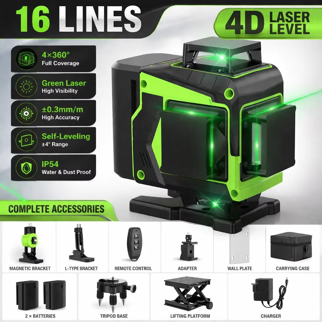 Niveau laser 4D Bogseth 16 lignes 4x360 °   Niveau laser vert autonivelant avec télécommande, 2 batteries rechargeables, IP54, niveau laser croisé pour sol, mur, plafond, carrelage, construction