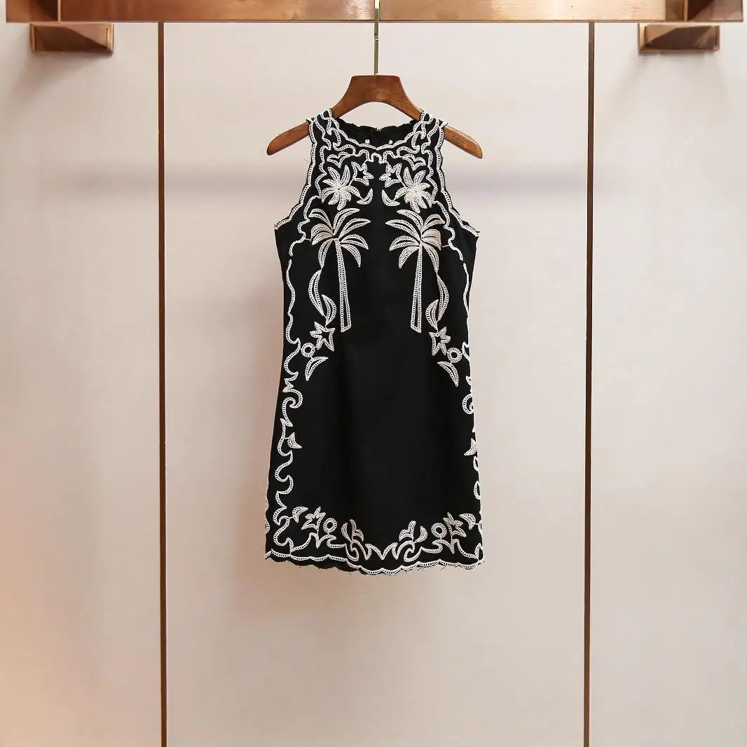

Elegant Embroidered round Neck Waist-Cinching Dress Vintage Sleeveless A-Line Skirt High Waist Three-acetate Fiber Ladies Dress