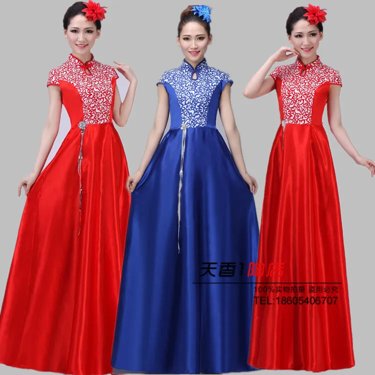 

New Opening Dance Grand Choir Guzheng Folk Music Erhu Performance Costume Middle-aged and Elderly Choir Women's Long Dress
