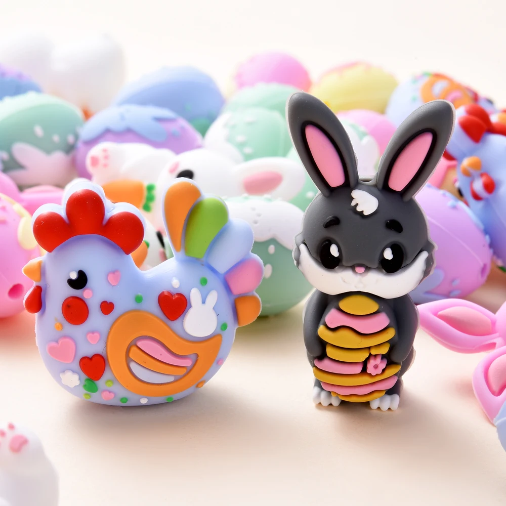 3Pcs Silicone Beads Rabbit&Chicken Styling Food Grade for DIY Baby Pacifier Chains, Teether Bracelets Necklace Accessories