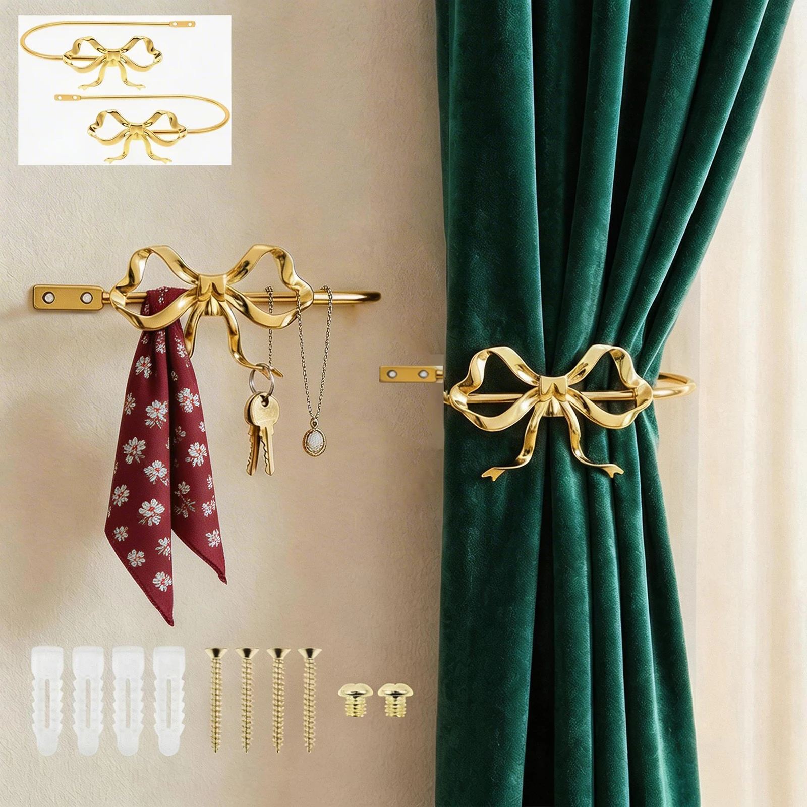 2Pcs Metal Bow Curtain Holdback Wall Mounted Drapery Home Window Decor Drapery Curtain Holder Curtain Decor Accessories Hooks