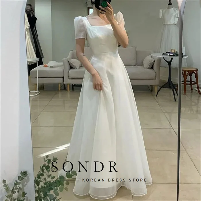 Sondr Elegant Square Neck Korea Garden Wedding Dresses Cap Sleeves Corset/Zipper Back Customized Organza Bride Gowns Party Bride