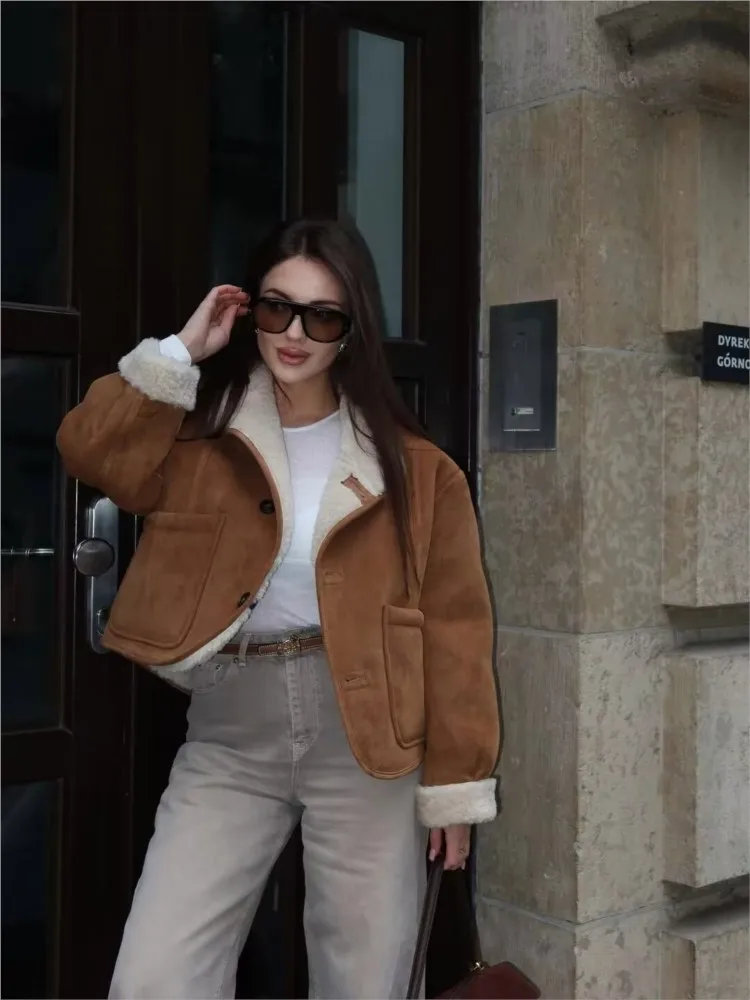 الخريف المرأة مزدوجة الوجه سترة عادية عالية الياقة كم طويل Pcoket سيدة عكسها فو الجلد المدبوغ معاطف الإناث شيك القمم