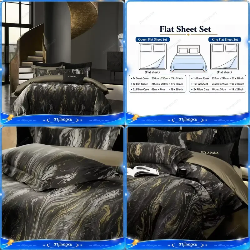 1000TC Egyptian Cotton Bedding Set Black Gold Marble Fluid Print Duvet Cover 4Pcs Luxury Modern Dark Hotel Style Wide Piping