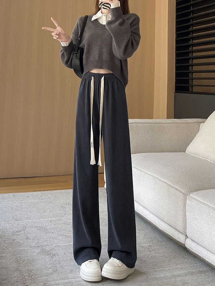 Pantaloni invernali a gamba larga foderati in pile addensato Pantaloni termici da donna con coulisse a vita alta Streetwear Pantaloni sportivi casual per tenere al caldo