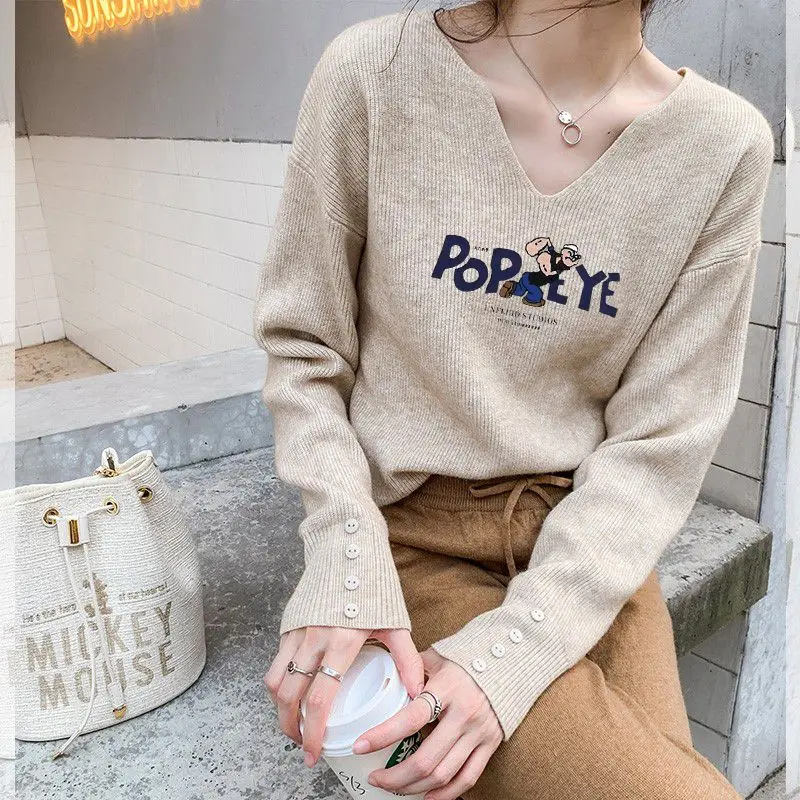 

Autumn Winter Female Casual Cartoon Printed Solid Knitted Tops Korean All-match V-Neck Long Sleeve Sweaters Women's Clothing