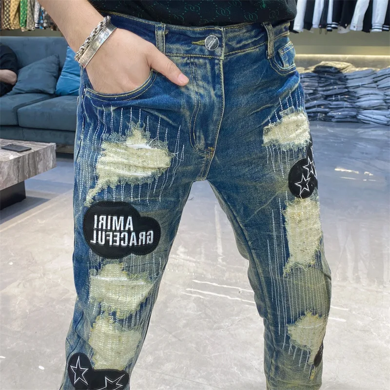 European Streetwear Fashion Jeans Hombre Denim Jean Contrasting Check Print Pattern Jeans Mens Trend Designer Jeans Masculina