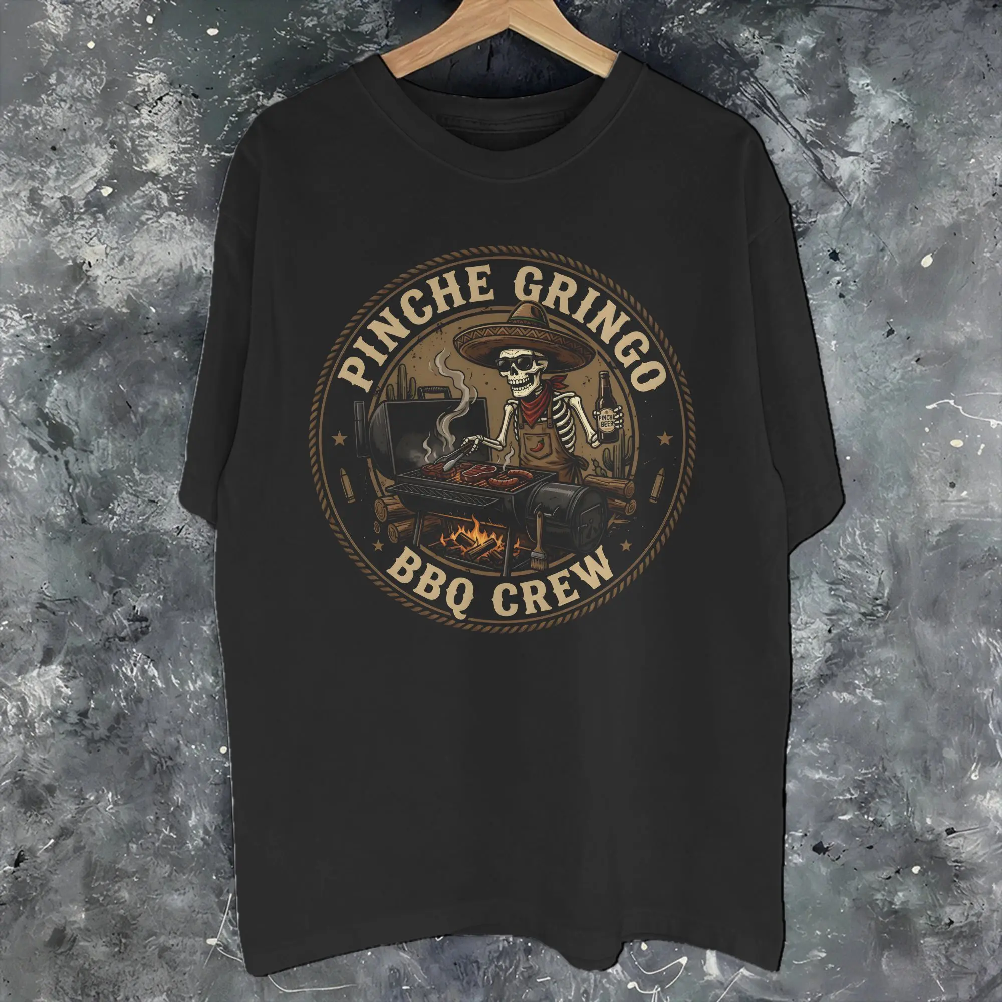 Mens Womens Pinche Gringo BBQ Crew Skeleton Grilling Beer T Shirt 100% Cotton Graphic Printing T-Shirt  Clothing Outfits