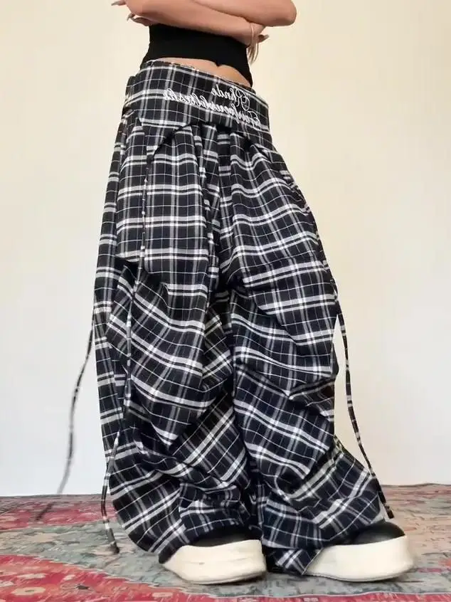 Calças xadrez casuais femininas originais americanas rua carta bordado camadas finas sle verão commute calças de perna larga