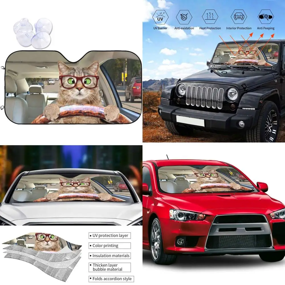 

fun cute cat driving car front windshield sun shade,auto sunshade for car truck suv - blocks uv rays sun visor protector (51" x