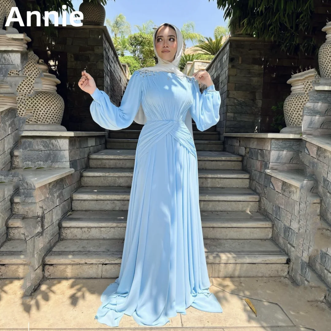 

Annie Elegant Lady Prom Dresses Light Blue Long Sleeve Chiffon Evening Dress فساتين السهرة Formal Occasions Party Dress