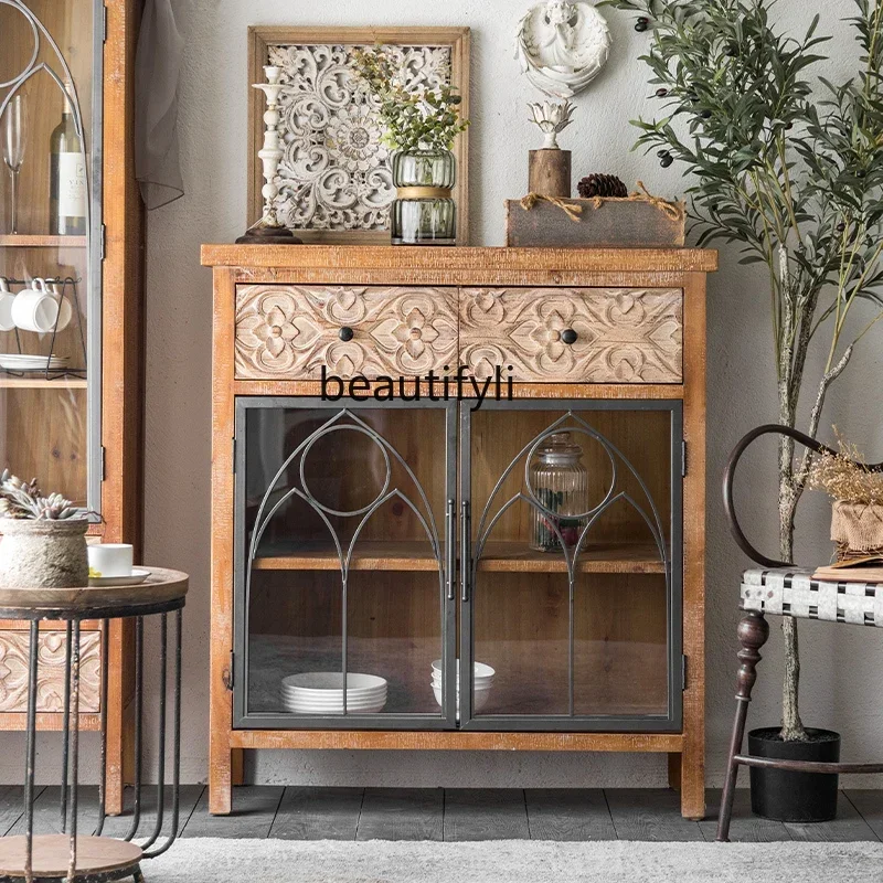 

F American retro solid wood living room dining side cabinet, entrance cabinet, carved wrought iron aisle glass wine cabinet